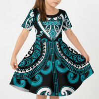 Custom Aotearoa Tapuika Kid Short Sleeve Dress Maori Tribal Pattern LT05 KID Teal - Polynesian Pride