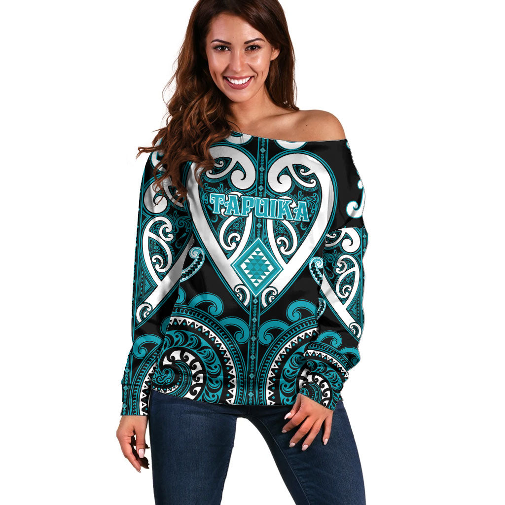 Custom Aotearoa Tapuika Off Shoulder Sweater Maori Tribal Pattern LT05 Women Teal - Polynesian Pride