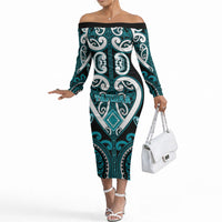 Custom Aotearoa Tapuika Off The Shoulder Long Sleeve Dress Maori Tribal Pattern LT05 Women Teal - Polynesian Pride