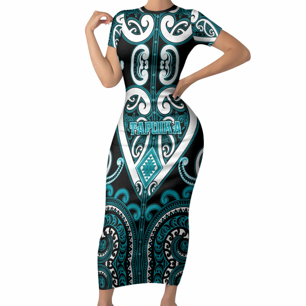 Custom Aotearoa Tapuika Short Sleeve Bodycon Dress Maori Tribal Pattern LT05 Long Dress Teal - Polynesian Pride