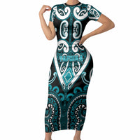 Custom Aotearoa Tapuika Short Sleeve Bodycon Dress Maori Tribal Pattern LT05 Long Dress Teal - Polynesian Pride