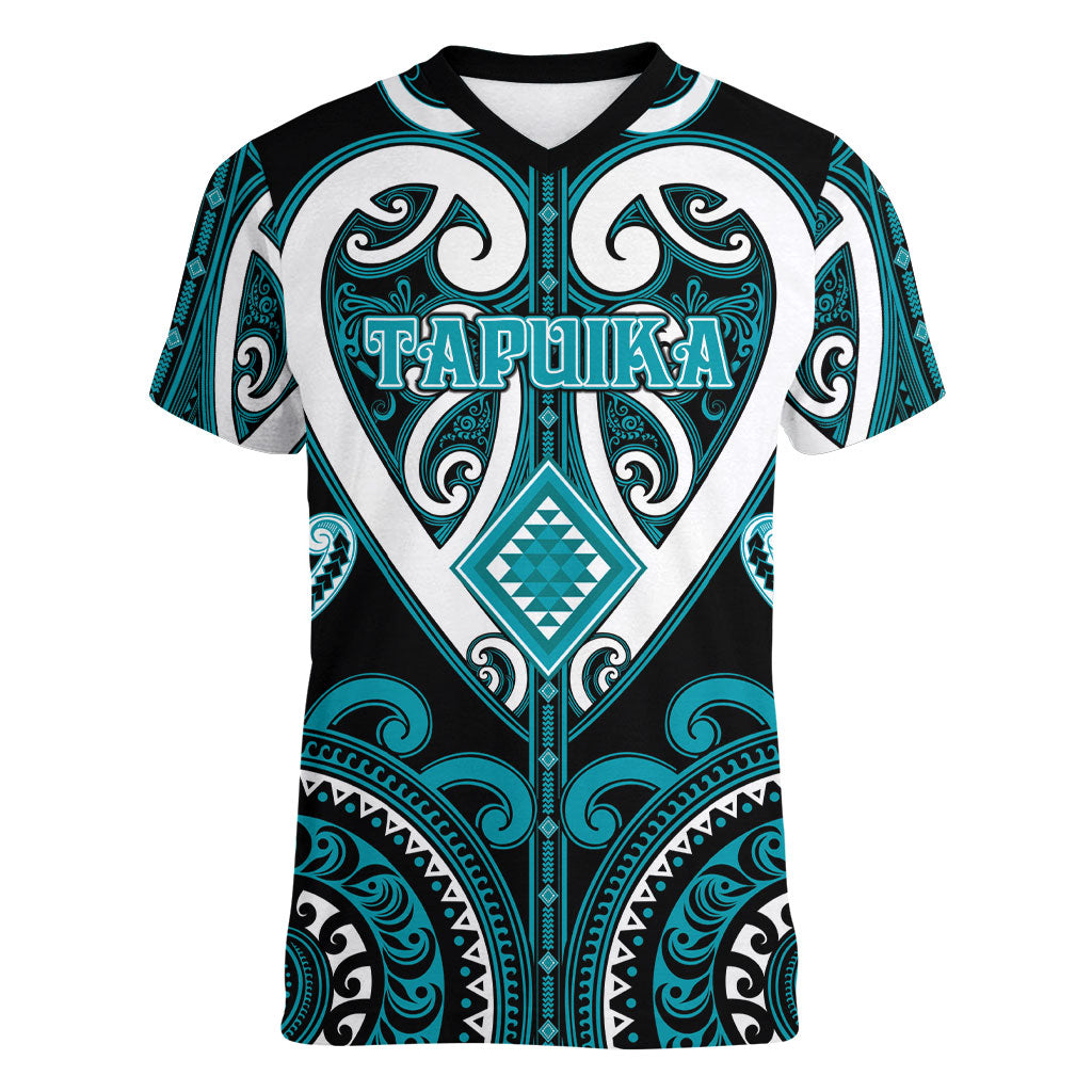 Custom Aotearoa Tapuika Women V-Neck T-Shirt Maori Tribal Pattern LT05 Female Teal - Polynesian Pride