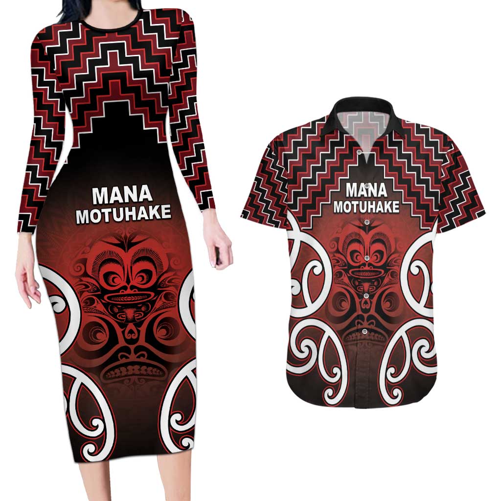 Personalised Aotearoa Mana Motuhake Couples Matching Long Sleeve Bodycon Dress and Hawaiian Shirt Poutama With Maori Pattern LT05 Red - Polynesian Pride