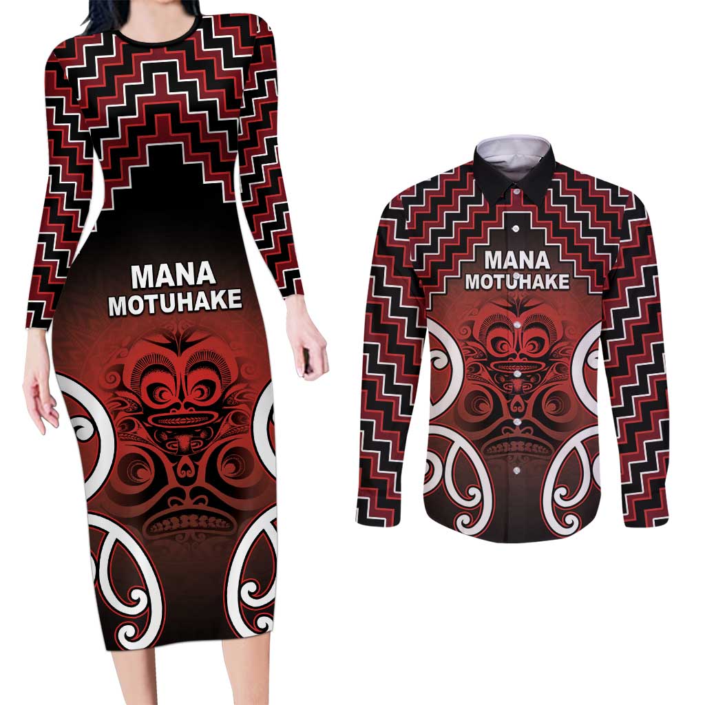 Personalised Aotearoa Mana Motuhake Couples Matching Long Sleeve Bodycon Dress and Long Sleeve Button Shirt Poutama With Maori Pattern LT05 Red - Polynesian Pride