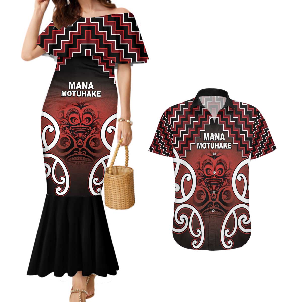 Personalised Aotearoa Mana Motuhake Couples Matching Mermaid Dress and Hawaiian Shirt Poutama With Maori Pattern LT05 Red - Polynesian Pride
