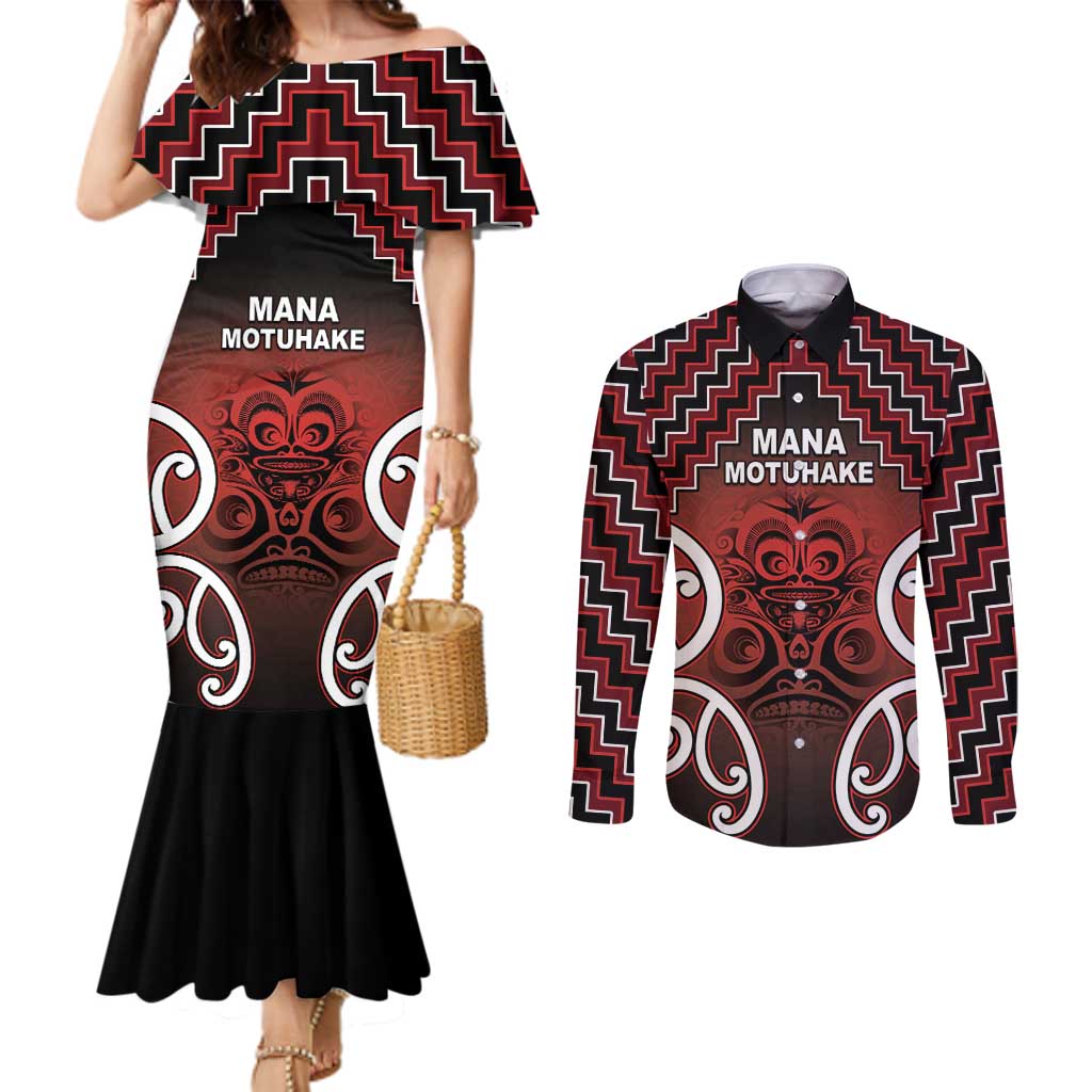 Personalised Aotearoa Mana Motuhake Couples Matching Mermaid Dress and Long Sleeve Button Shirt Poutama With Maori Pattern LT05 Red - Polynesian Pride