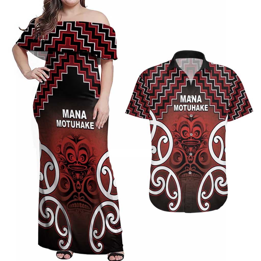 Personalised Aotearoa Mana Motuhake Couples Matching Off Shoulder Maxi Dress and Hawaiian Shirt Poutama With Maori Pattern LT05 Red - Polynesian Pride