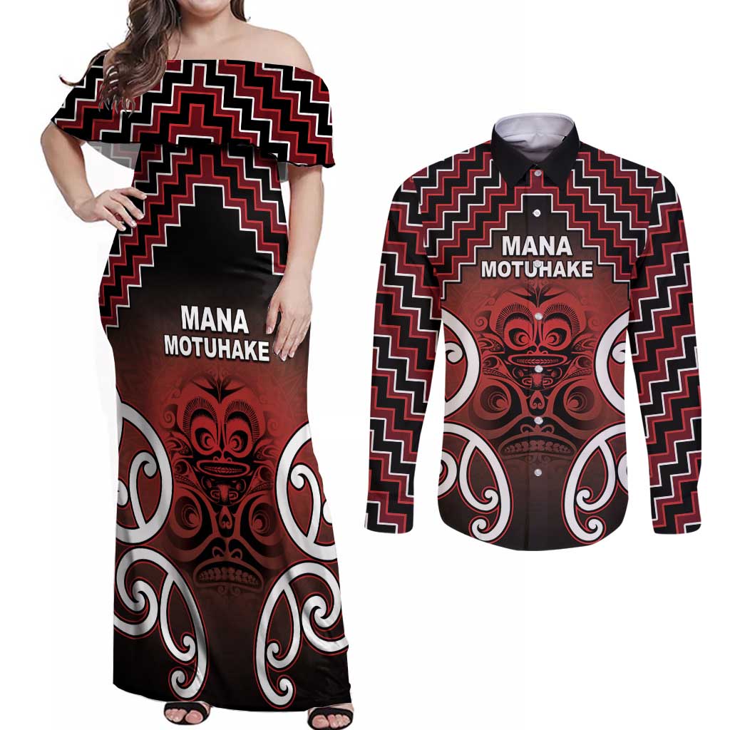 Personalised Aotearoa Mana Motuhake Couples Matching Off Shoulder Maxi Dress and Long Sleeve Button Shirt Poutama With Maori Pattern LT05 Red - Polynesian Pride