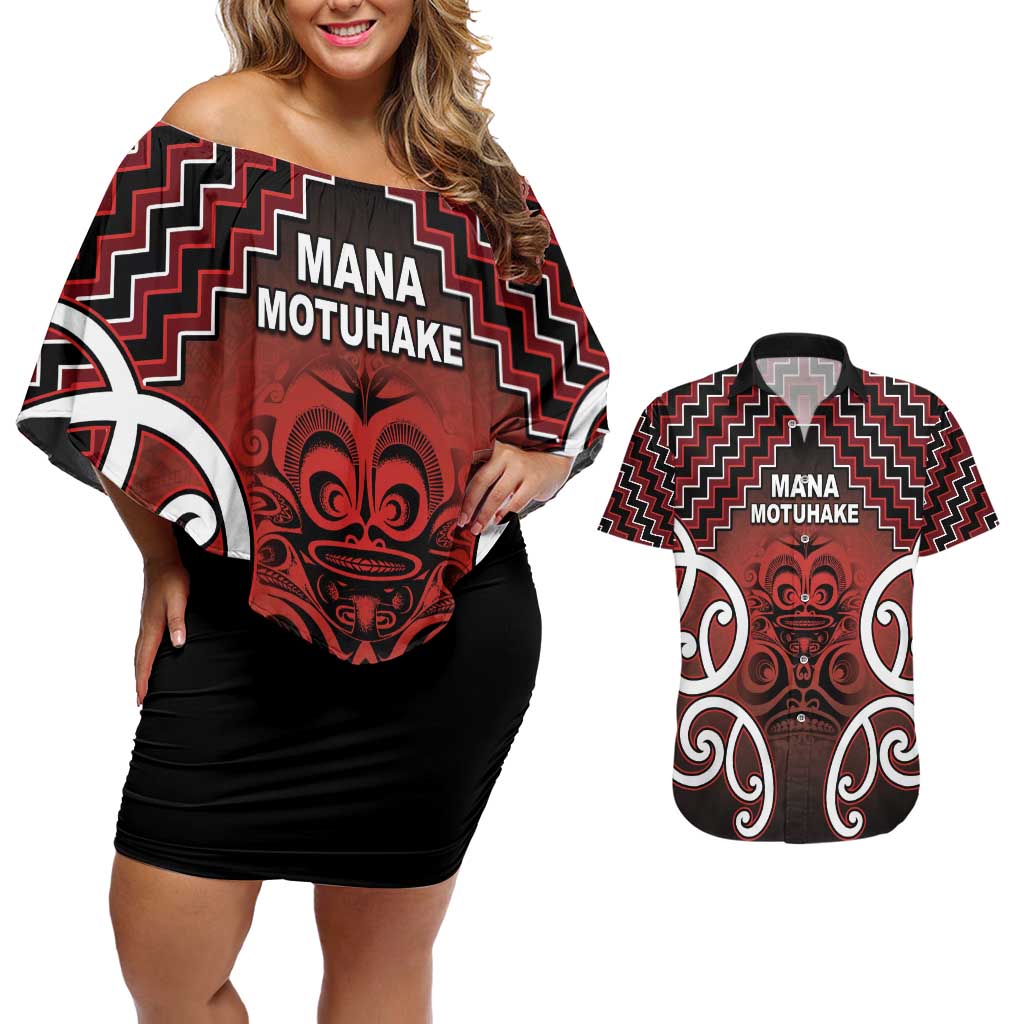 Personalised Aotearoa Mana Motuhake Couples Matching Off Shoulder Short Dress and Hawaiian Shirt Poutama With Maori Pattern LT05 Red - Polynesian Pride