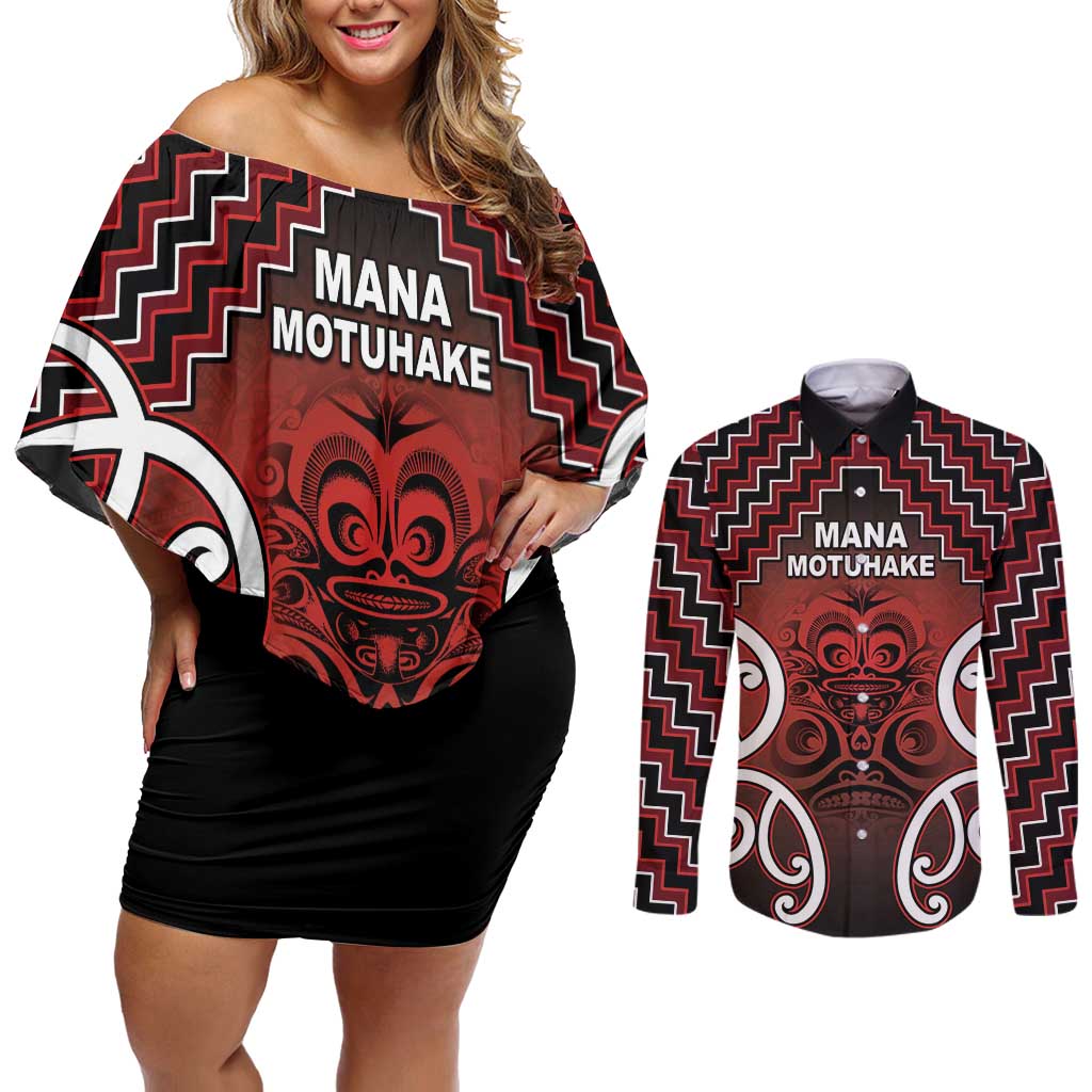 Personalised Aotearoa Mana Motuhake Couples Matching Off Shoulder Short Dress and Long Sleeve Button Shirt Poutama With Maori Pattern LT05 Red - Polynesian Pride