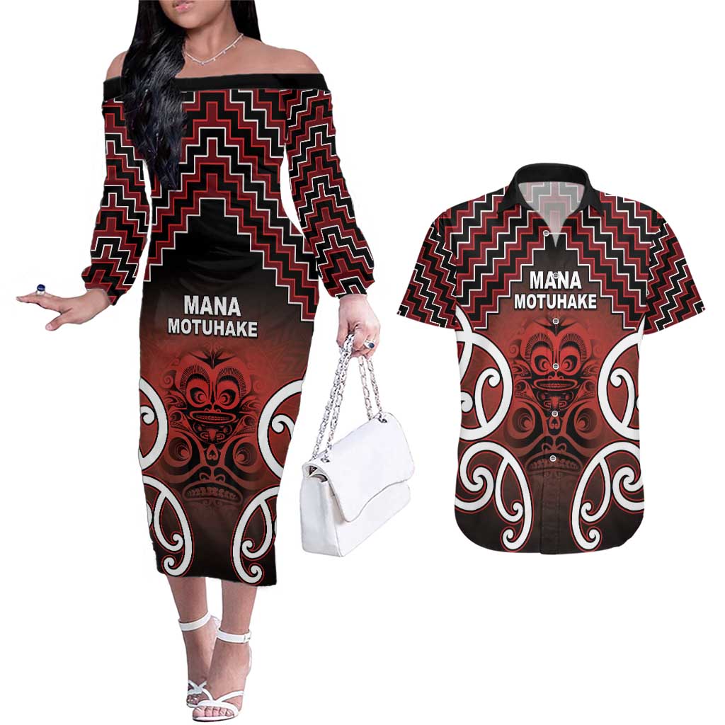 Personalised Aotearoa Mana Motuhake Couples Matching Off The Shoulder Long Sleeve Dress and Hawaiian Shirt Poutama With Maori Pattern LT05 Red - Polynesian Pride