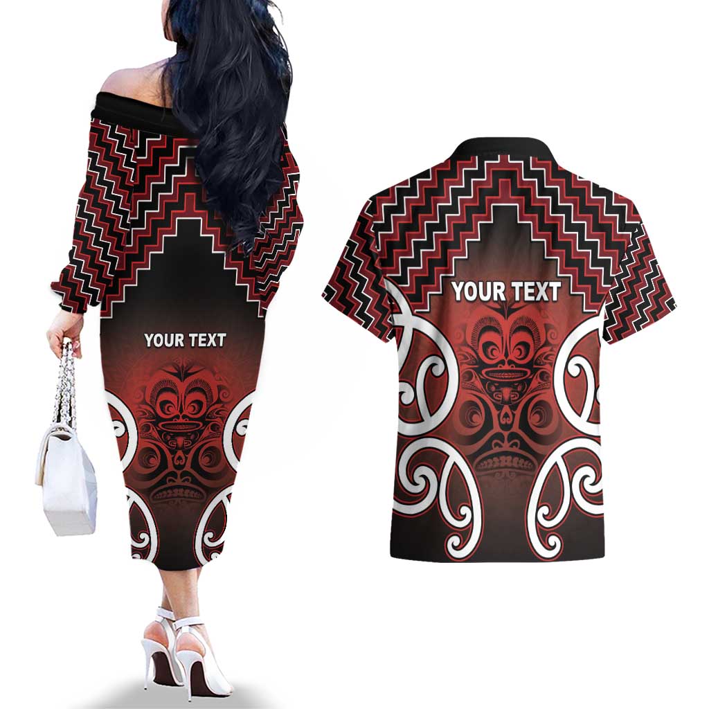 Personalised Aotearoa Mana Motuhake Couples Matching Off The Shoulder Long Sleeve Dress and Hawaiian Shirt Poutama With Maori Pattern LT05 - Polynesian Pride
