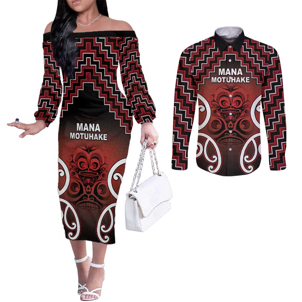 Personalised Aotearoa Mana Motuhake Couples Matching Off The Shoulder Long Sleeve Dress and Long Sleeve Button Shirt Poutama With Maori Pattern LT05 Red - Polynesian Pride