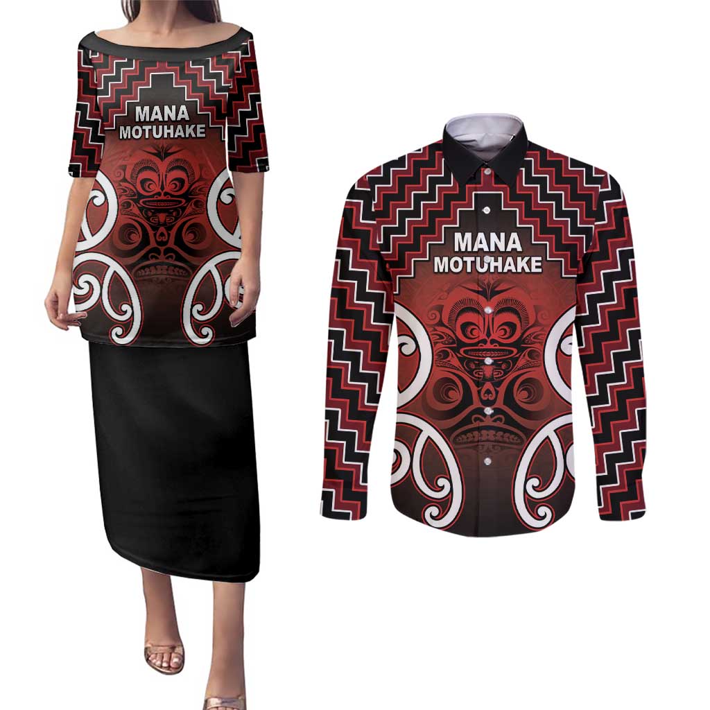 Personalised Aotearoa Mana Motuhake Couples Matching Puletasi and Long Sleeve Button Shirt Poutama With Maori Pattern LT05 Red - Polynesian Pride