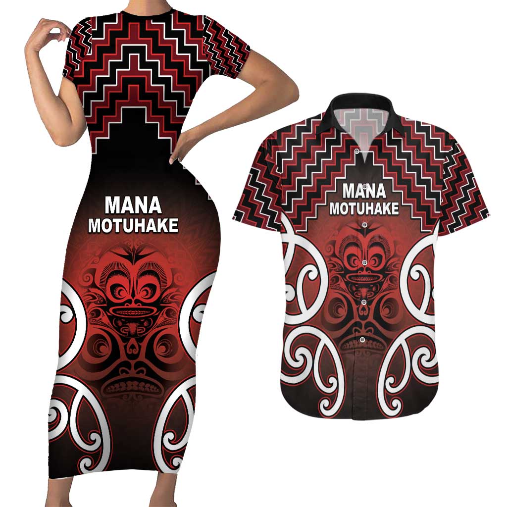 Personalised Aotearoa Mana Motuhake Couples Matching Short Sleeve Bodycon Dress and Hawaiian Shirt Poutama With Maori Pattern LT05 Red - Polynesian Pride