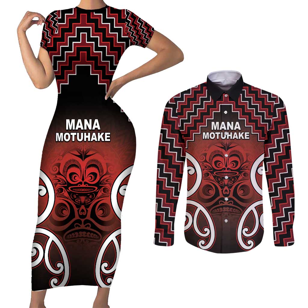 Personalised Aotearoa Mana Motuhake Couples Matching Short Sleeve Bodycon Dress and Long Sleeve Button Shirt Poutama With Maori Pattern LT05 Red - Polynesian Pride