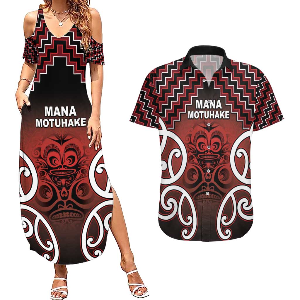 Personalised Aotearoa Mana Motuhake Couples Matching Summer Maxi Dress and Hawaiian Shirt Poutama With Maori Pattern LT05 Red - Polynesian Pride