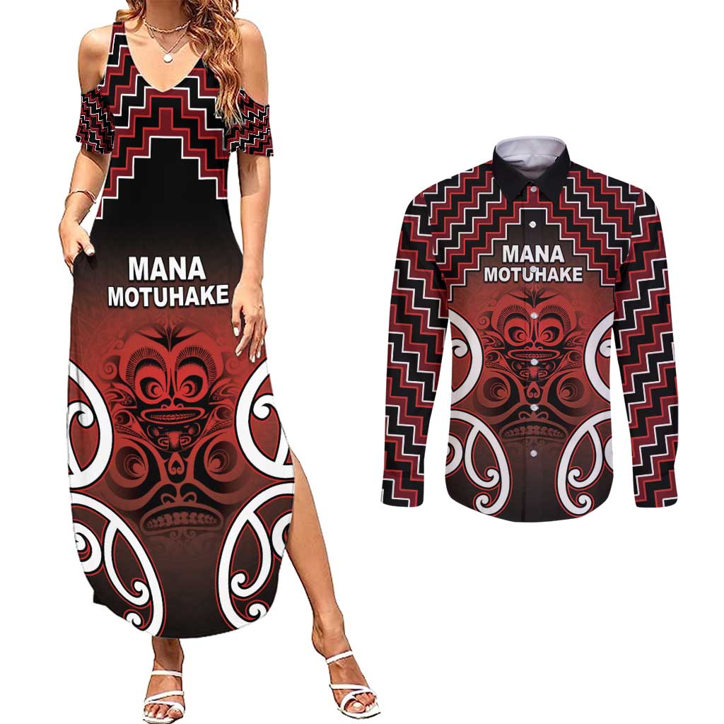 Personalised Aotearoa Mana Motuhake Couples Matching Summer Maxi Dress and Long Sleeve Button Shirt Poutama With Maori Pattern LT05 Red - Polynesian Pride