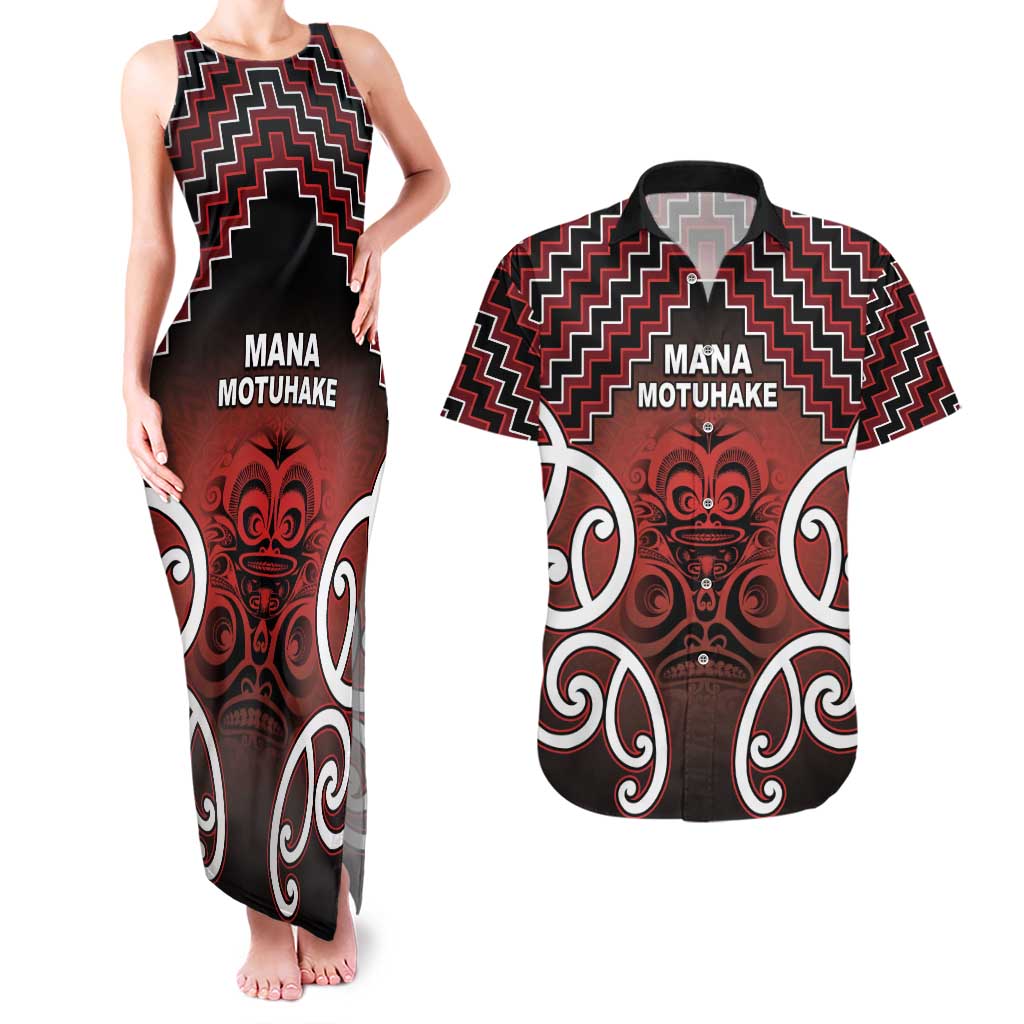 Personalised Aotearoa Mana Motuhake Couples Matching Tank Maxi Dress and Hawaiian Shirt Poutama With Maori Pattern LT05 Red - Polynesian Pride
