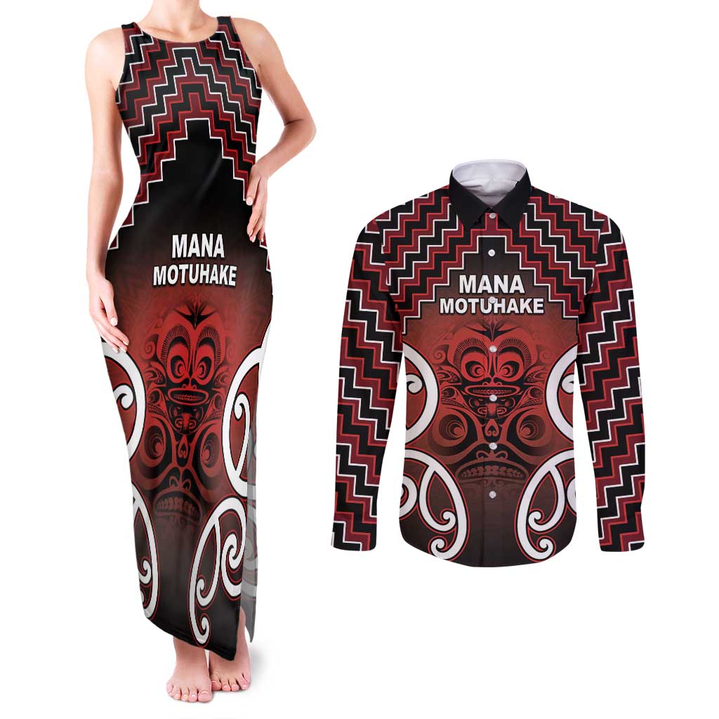 Personalised Aotearoa Mana Motuhake Couples Matching Tank Maxi Dress and Long Sleeve Button Shirt Poutama With Maori Pattern LT05 Red - Polynesian Pride