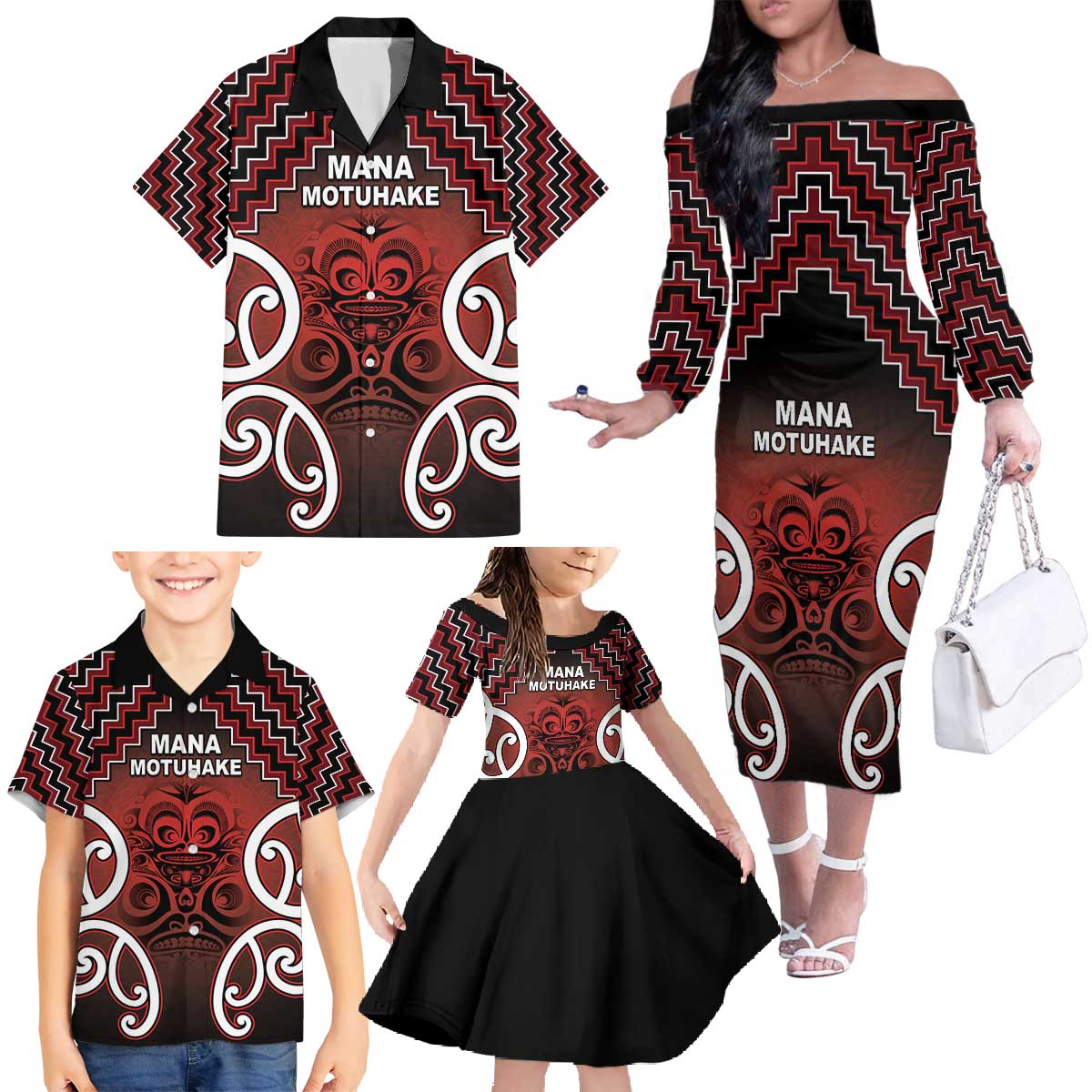 Personalised Aotearoa Mana Motuhake Family Matching Off The Shoulder Long Sleeve Dress and Hawaiian Shirt Poutama With Maori Pattern LT05 - Polynesian Pride