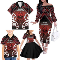 Personalised Aotearoa Mana Motuhake Family Matching Off The Shoulder Long Sleeve Dress and Hawaiian Shirt Poutama With Maori Pattern LT05 - Polynesian Pride