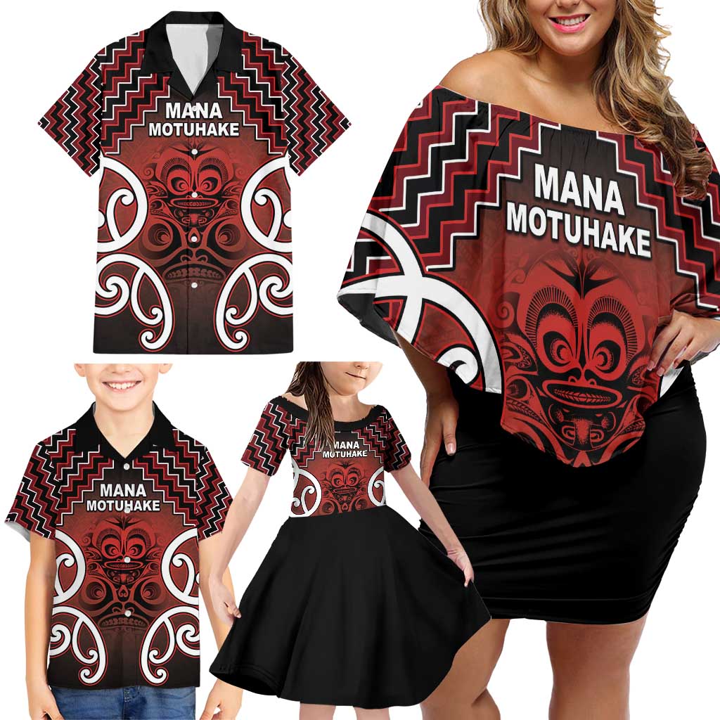 Personalised Aotearoa Mana Motuhake Family Matching Off Shoulder Short Dress and Hawaiian Shirt Poutama With Maori Pattern LT05 - Polynesian Pride