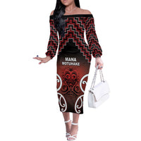 Personalised Aotearoa Mana Motuhake Off The Shoulder Long Sleeve Dress Poutama With Maori Pattern - Polynesian Pride