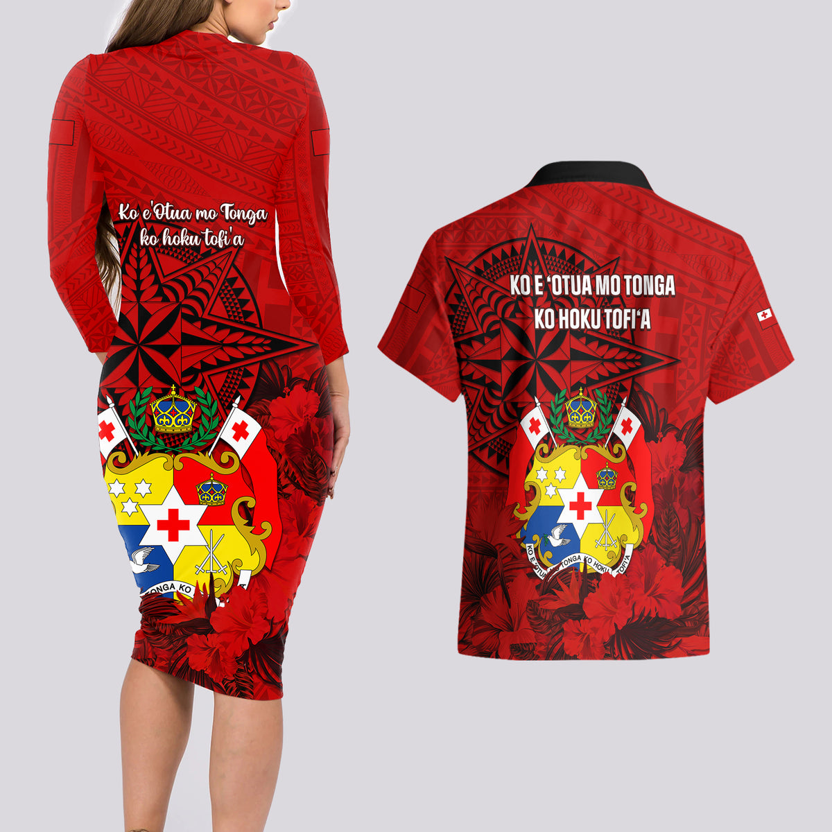 Tonga King Tupou I Day Couples Matching Long Sleeve Bodycon Dress and Hawaiian Shirt Tropical Flowers With Ngatu Pattern LT05 - Polynesian Pride