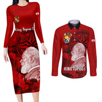 Tonga King Tupou I Day Couples Matching Long Sleeve Bodycon Dress and Long Sleeve Button Shirts Tropical Flowers With Ngatu Pattern LT05 Red - Polynesian Pride