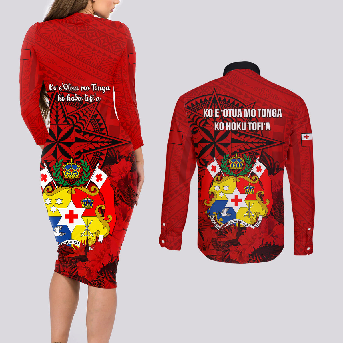 Tonga King Tupou I Day Couples Matching Long Sleeve Bodycon Dress and Long Sleeve Button Shirts Tropical Flowers With Ngatu Pattern LT05 - Polynesian Pride