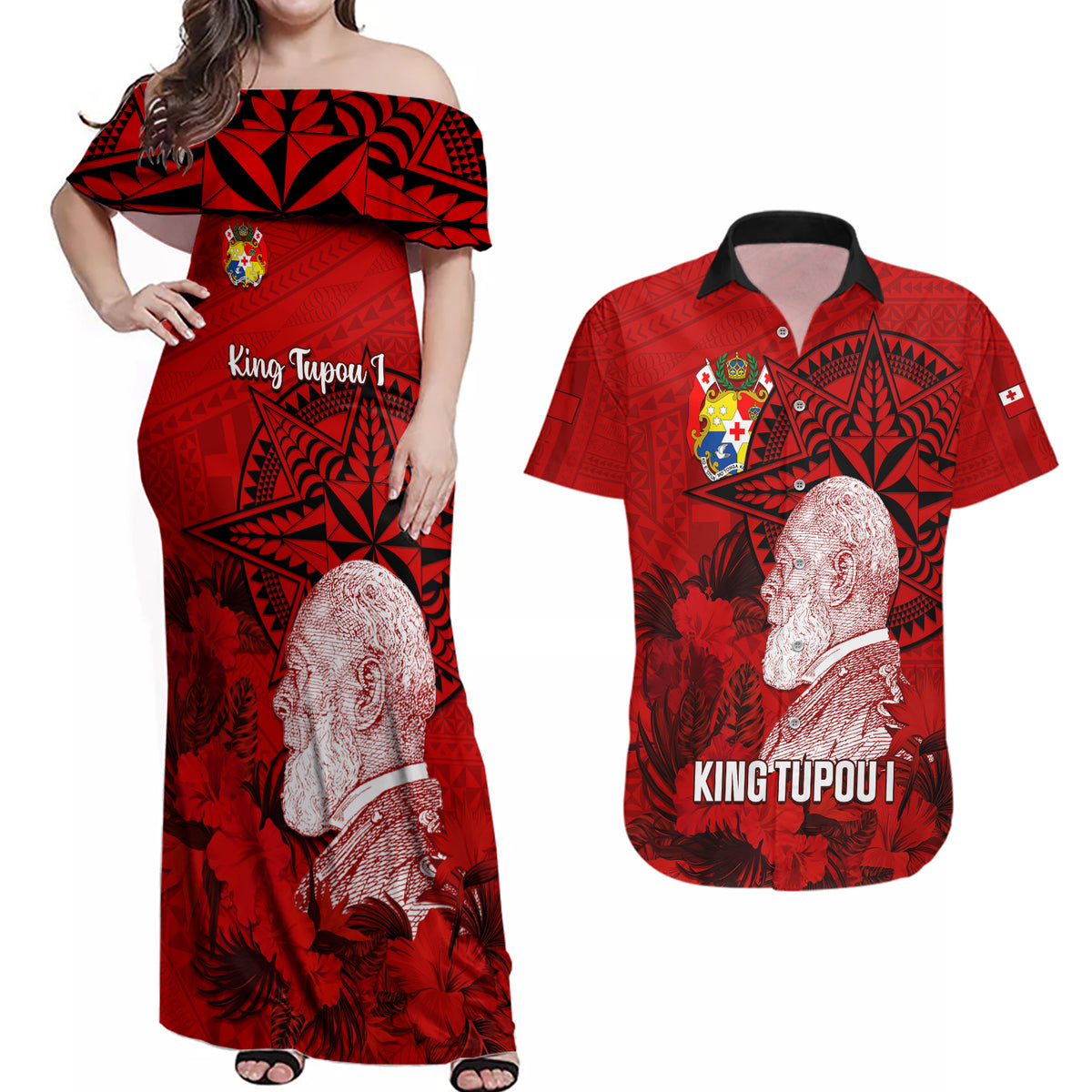Tonga King Tupou I Day Couples Matching Off Shoulder Maxi Dress and Hawaiian Shirt Tropical Flowers With Ngatu Pattern LT05 Red - Polynesian Pride