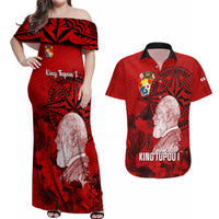 Tonga King Tupou I Day Couples Matching Off Shoulder Maxi Dress and Hawaiian Shirt Tropical Flowers With Ngatu Pattern LT05 Red - Polynesian Pride