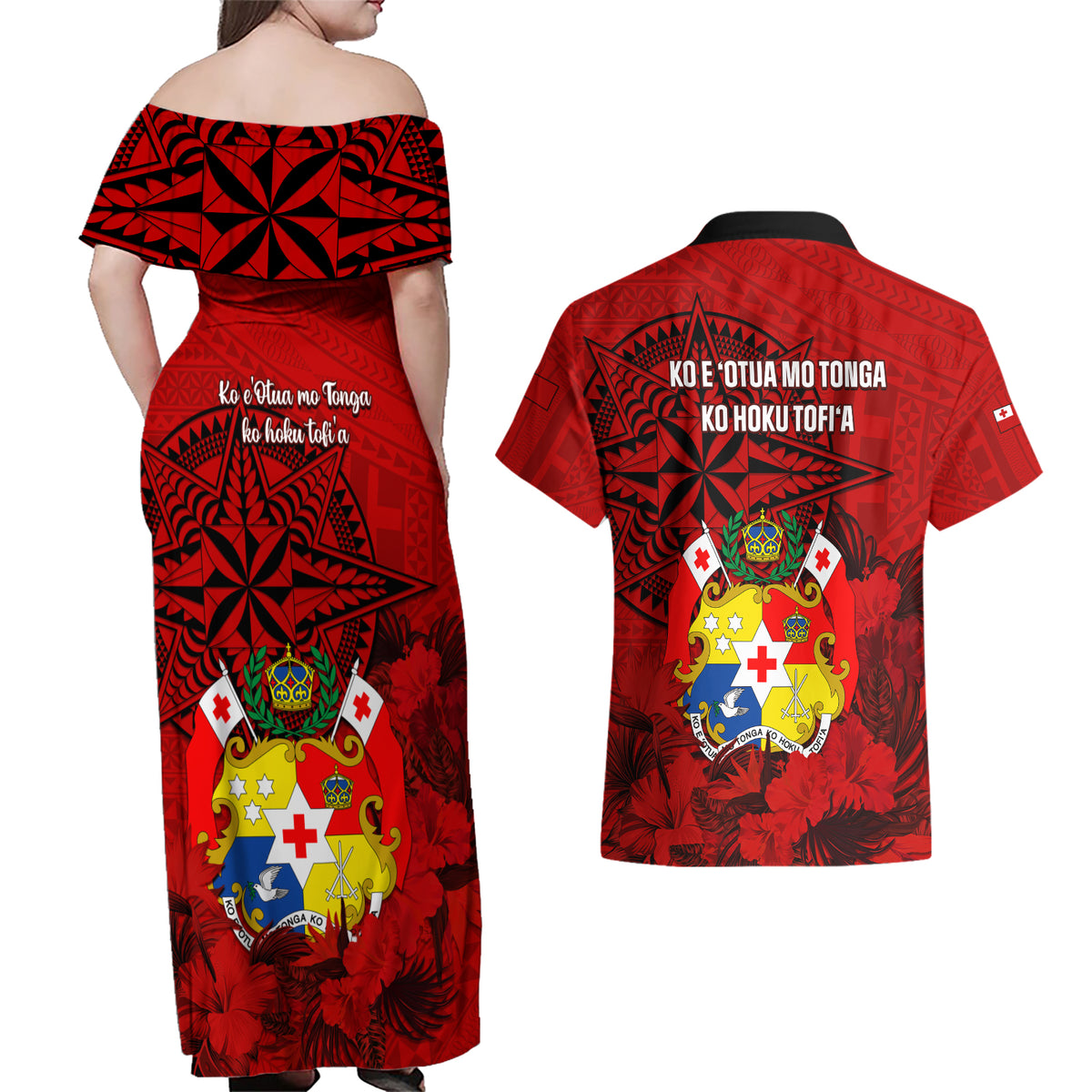 Tonga King Tupou I Day Couples Matching Off Shoulder Maxi Dress and Hawaiian Shirt Tropical Flowers With Ngatu Pattern LT05 - Polynesian Pride
