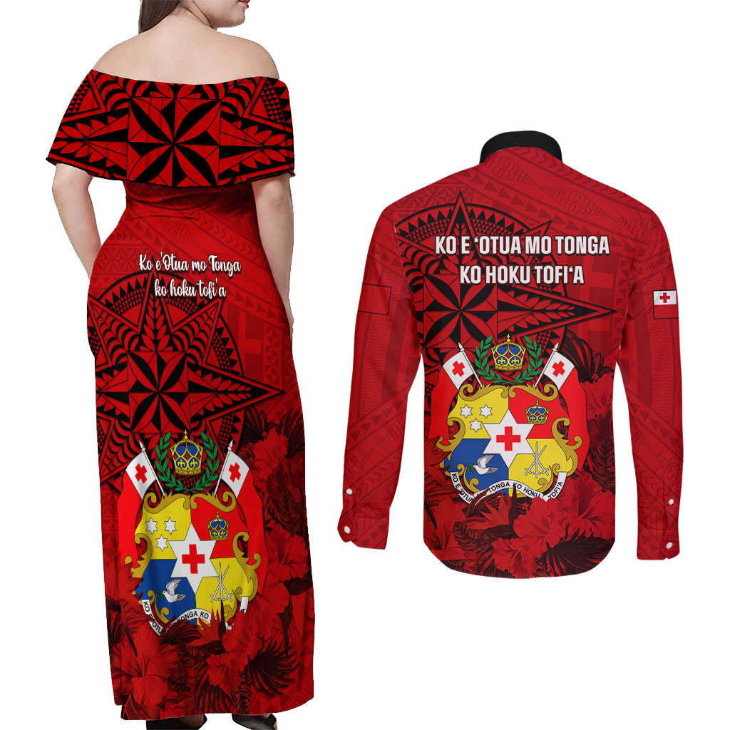 tonga-king-tupou-i-day-couples-matching-off-shoulder-maxi-dress-and-long-sleeve-button-shirts-tropical-flowers-with-ngatu-pattern