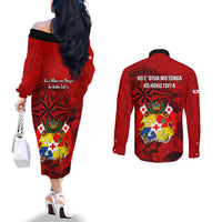 Tonga King Tupou I Day Couples Matching Off The Shoulder Long Sleeve Dress and Long Sleeve Button Shirts Tropical Flowers With Ngatu Pattern LT05 - Polynesian Pride