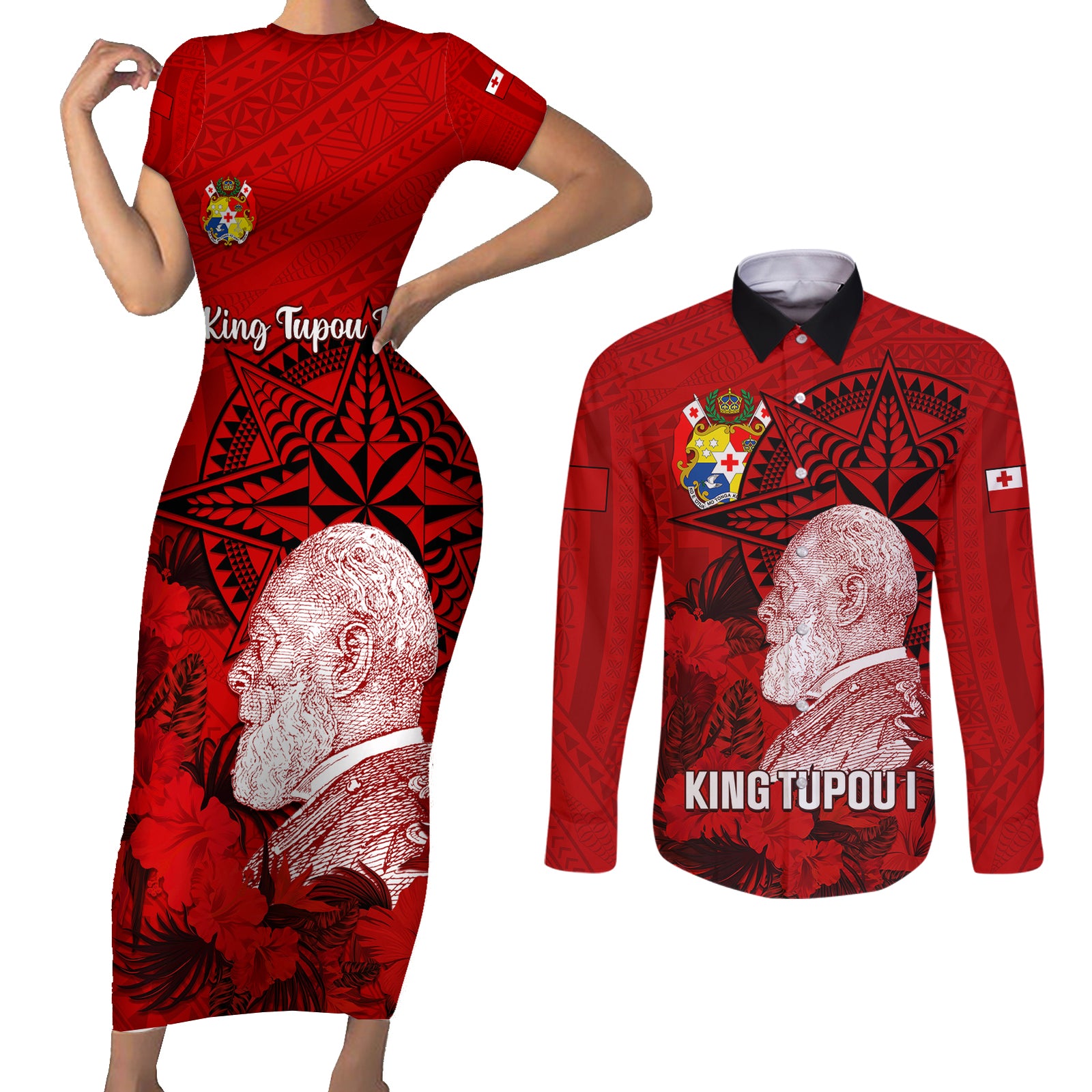 tonga-king-tupou-i-day-couples-matching-short-sleeve-bodycon-dress-and-long-sleeve-button-shirts-tropical-flowers-with-ngatu-pattern