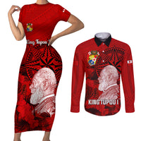 Tonga King Tupou I Day Couples Matching Short Sleeve Bodycon Dress and Long Sleeve Button Shirts Tropical Flowers With Ngatu Pattern LT05 Red - Polynesian Pride
