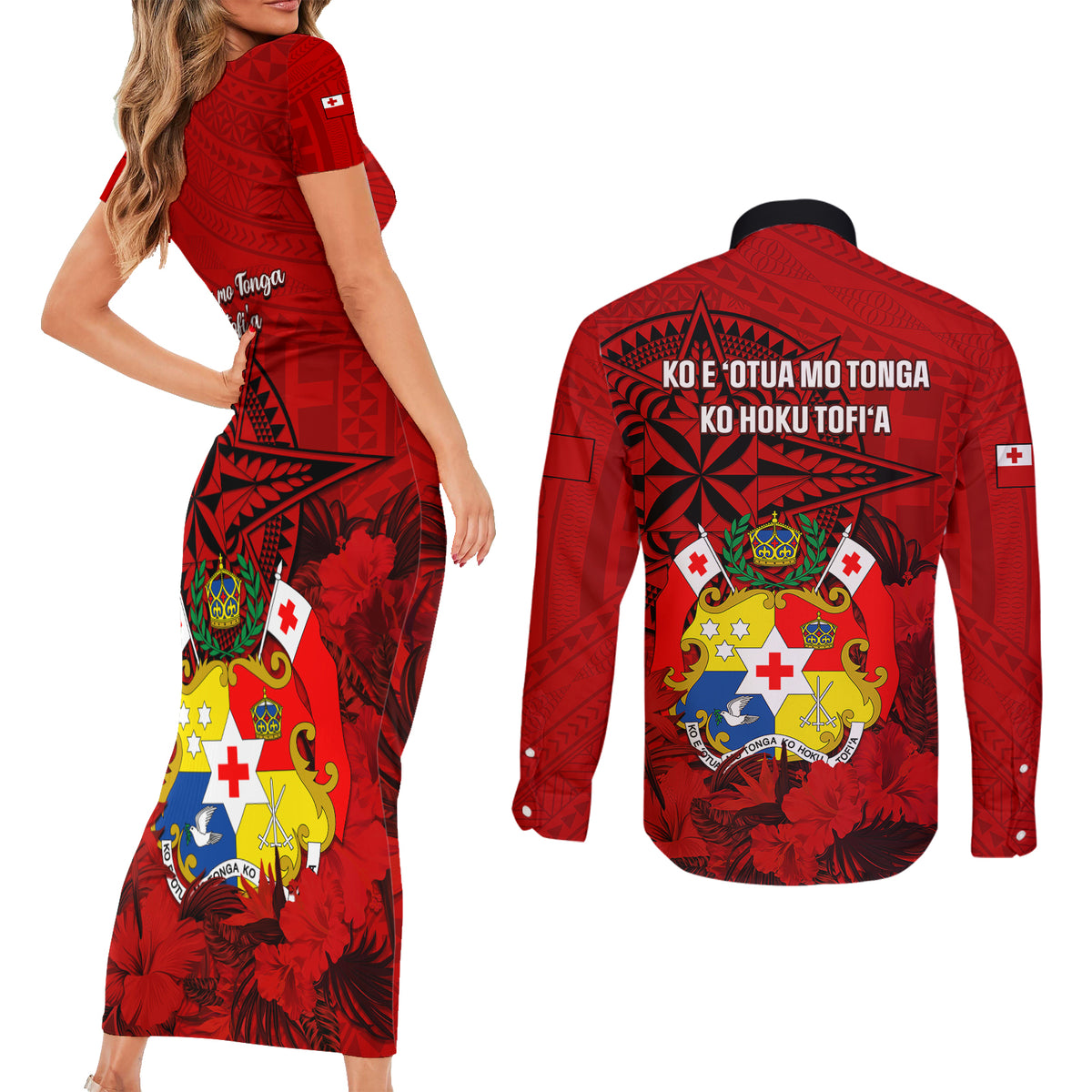 Tonga King Tupou I Day Couples Matching Short Sleeve Bodycon Dress and Long Sleeve Button Shirts Tropical Flowers With Ngatu Pattern LT05 - Polynesian Pride