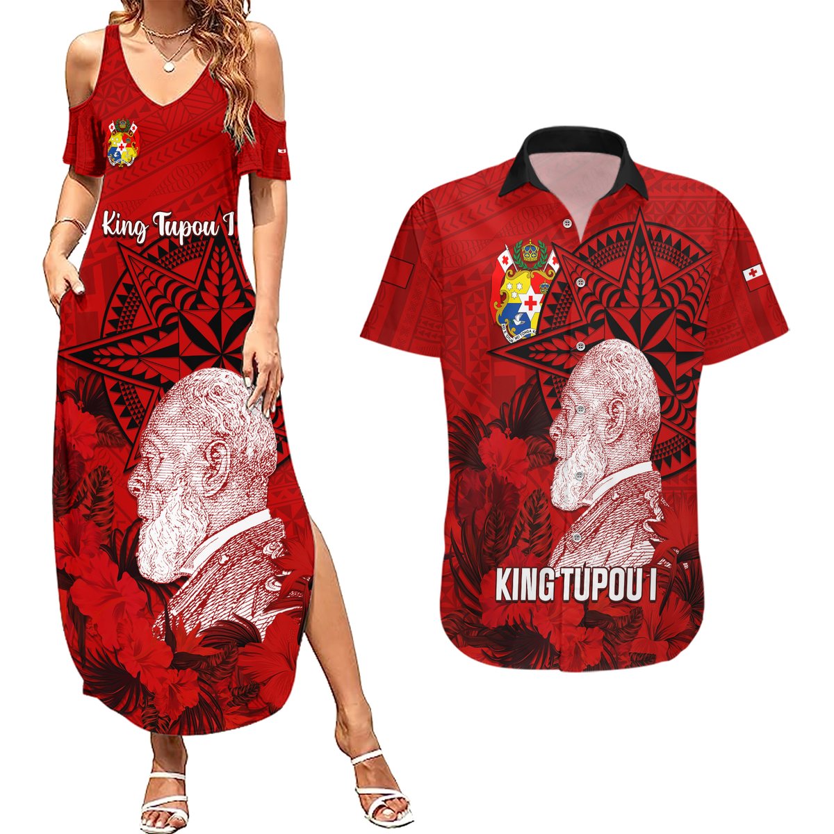 Tonga King Tupou I Day Couples Matching Summer Maxi Dress and Hawaiian Shirt Tropical Flowers With Ngatu Pattern LT05 Red - Polynesian Pride