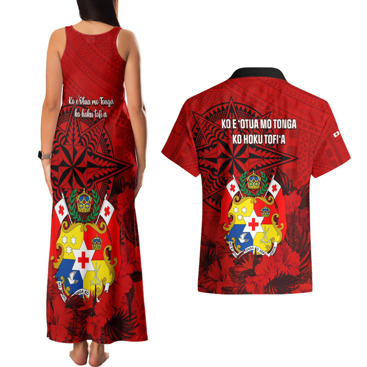 Tonga King Tupou I Day Couples Matching Tank Maxi Dress and Hawaiian Shirt Tropical Flowers With Ngatu Pattern LT05 - Polynesian Pride