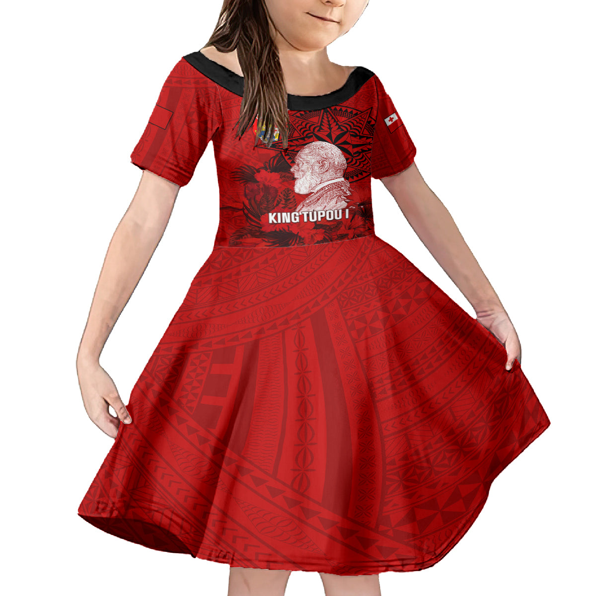 Tonga King Tupou I Day Family Matching Off Shoulder Maxi Dress and Hawaiian Shirt Tropical Flowers With Ngatu Pattern LT05 Daughter's Dress Red - Polynesian Pride