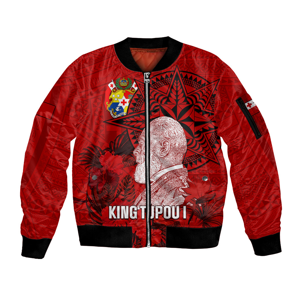 Tonga King Tupou I Day Sleeve Zip Bomber Jacket Tropical Flowers With Ngatu Pattern LT05 Unisex Red - Polynesian Pride