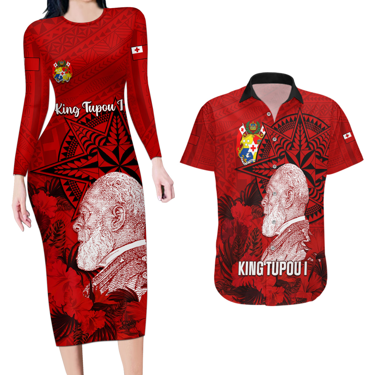 Personalized Tonga King Tupou I Day Couples Matching Long Sleeve Bodycon Dress and Hawaiian Shirt Tropical Flowers With Ngatu Pattern LT05 Red - Polynesian Pride
