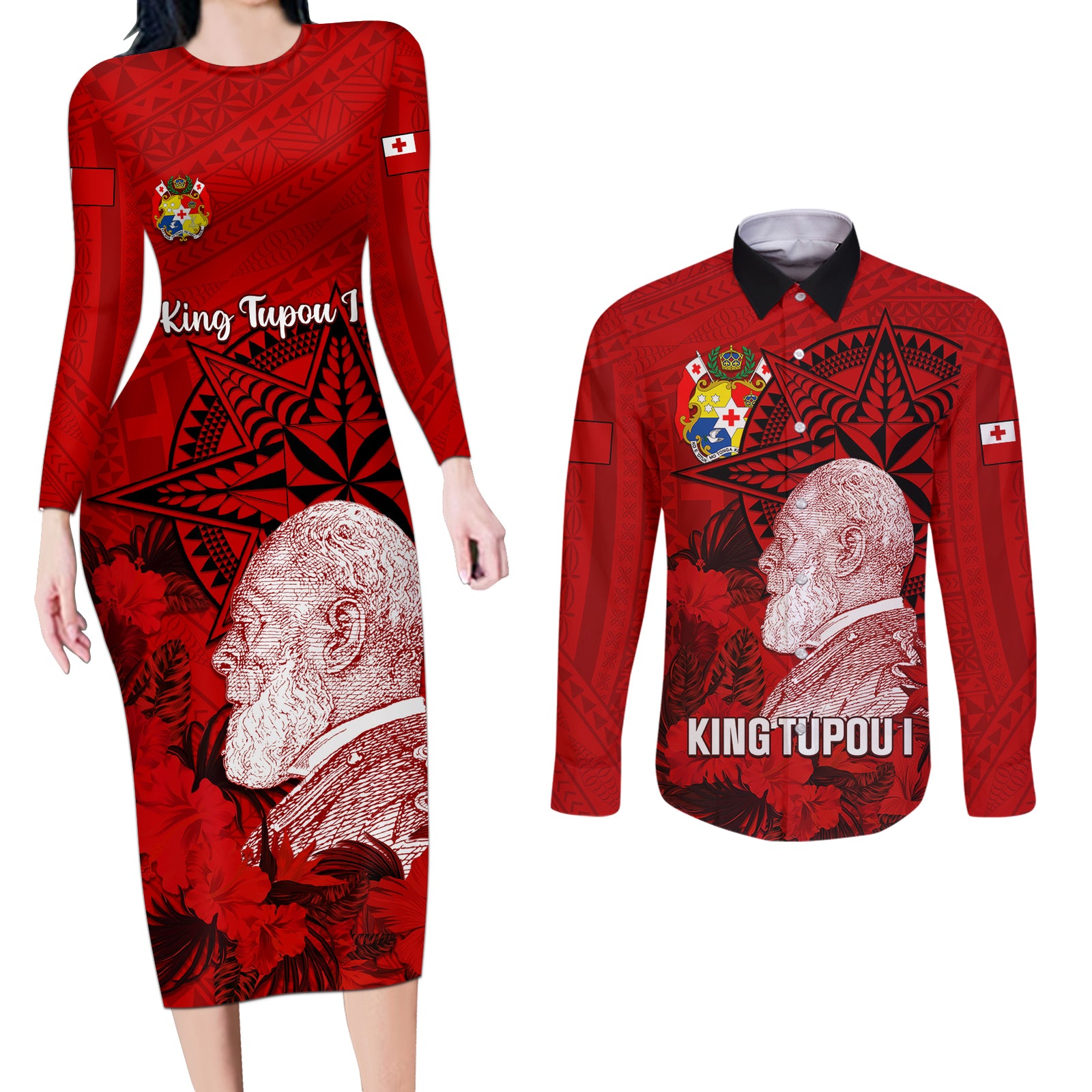 personalized-tonga-king-tupou-i-day-couples-matching-long-sleeve-bodycon-dress-and-long-sleeve-button-shirts-tropical-flowers-with-ngatu-pattern
