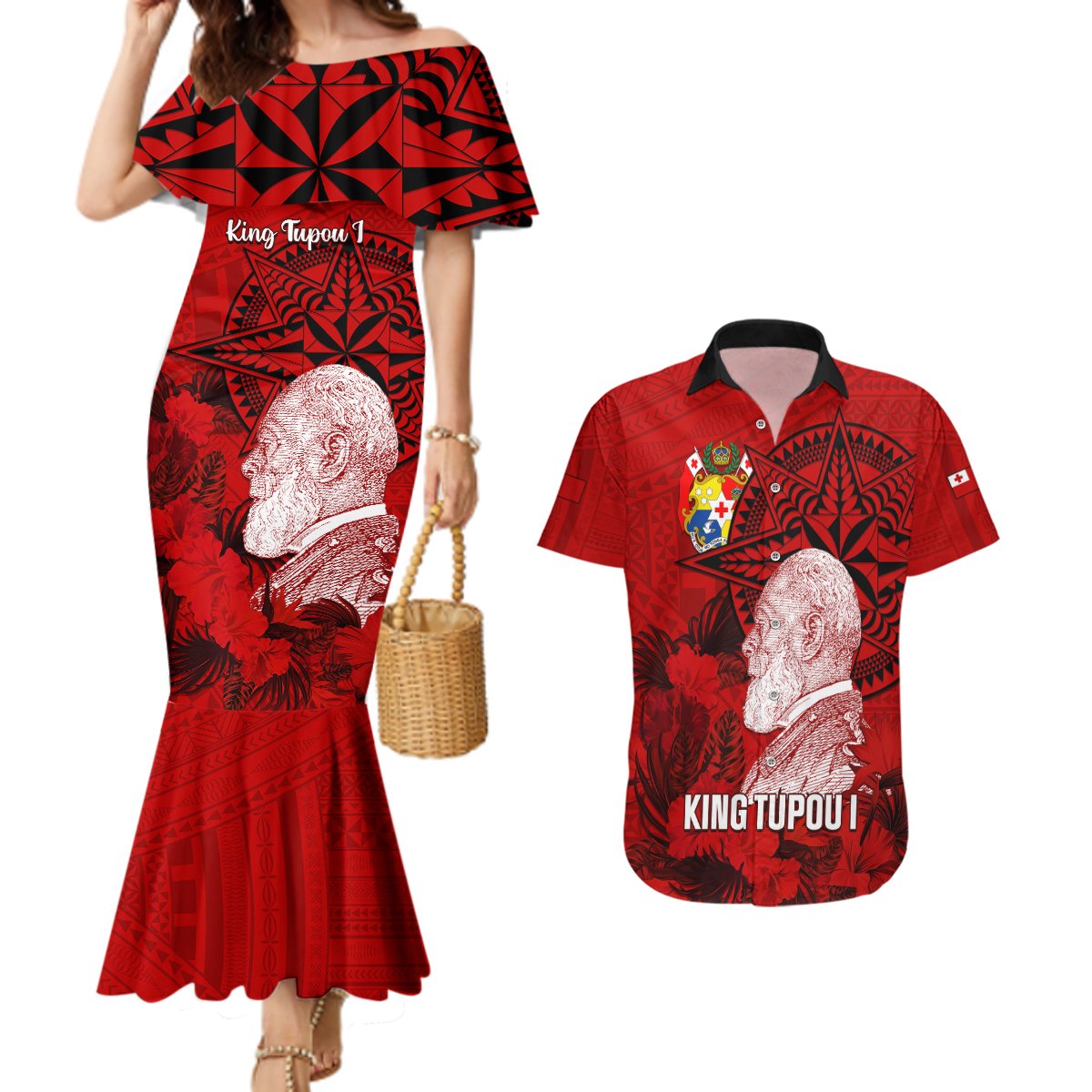 Personalized Tonga King Tupou I Day Couples Matching Mermaid Dress and Hawaiian Shirt Tropical Flowers With Ngatu Pattern LT05 Red - Polynesian Pride