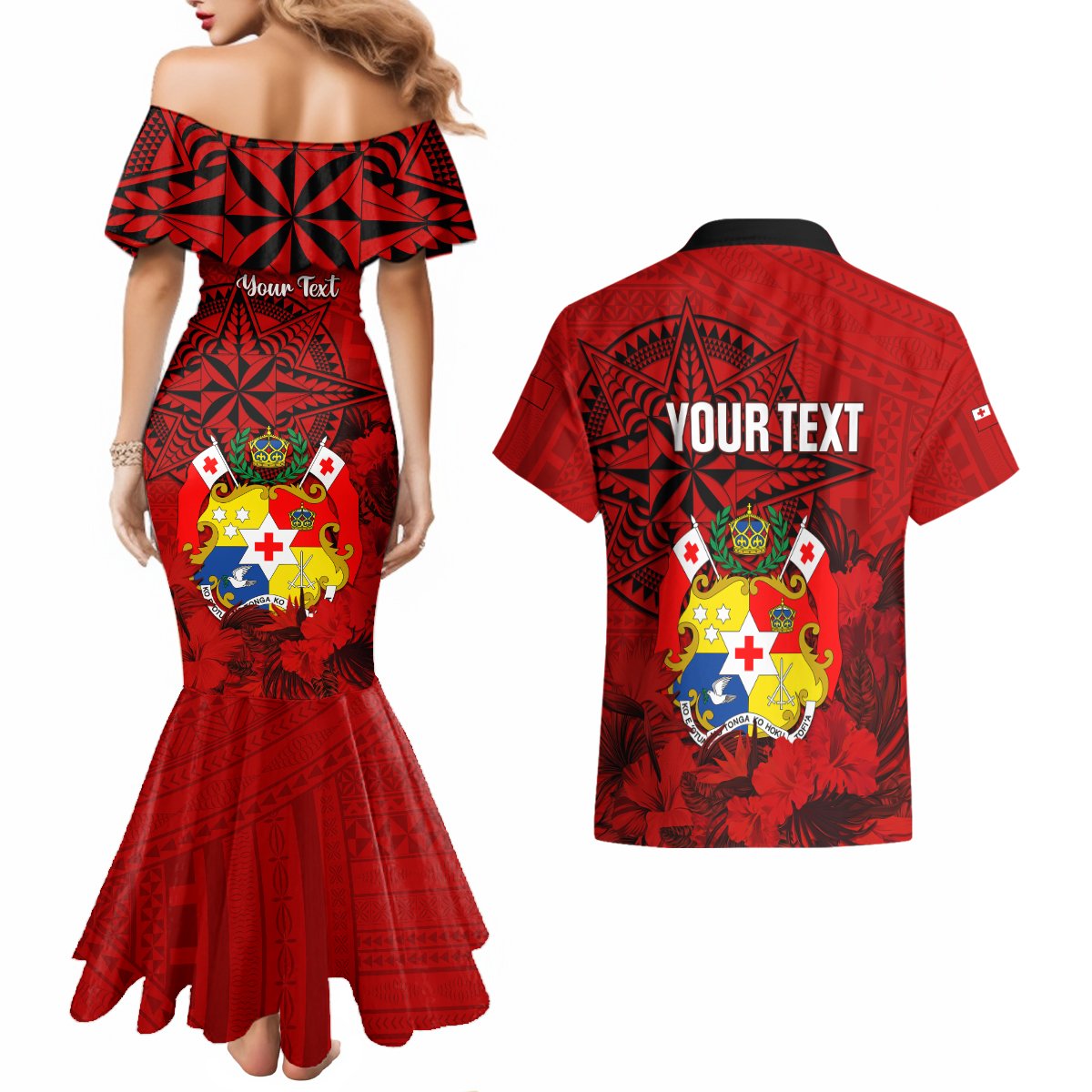 Personalized Tonga King Tupou I Day Couples Matching Mermaid Dress and Hawaiian Shirt Tropical Flowers With Ngatu Pattern LT05 - Polynesian Pride