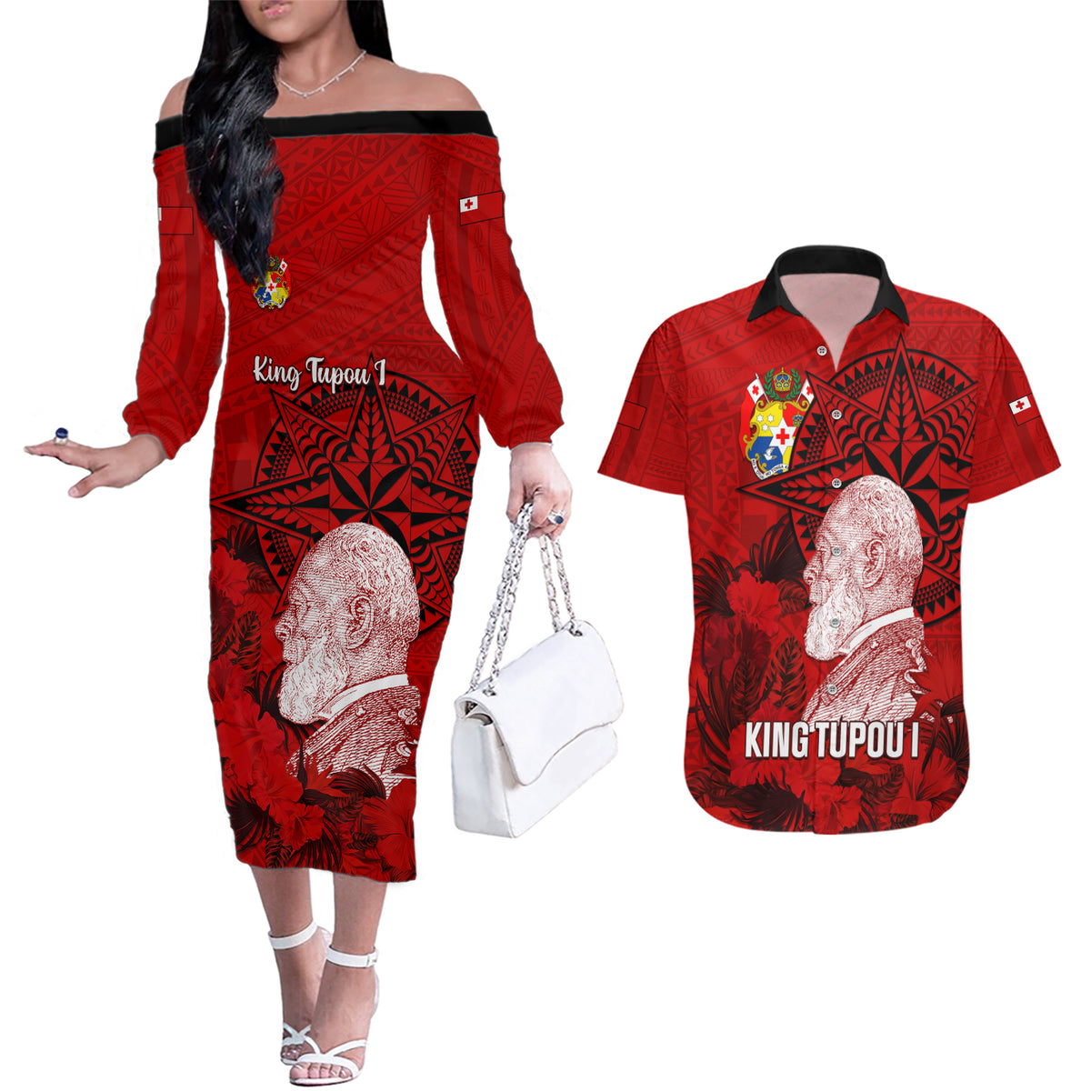 Personalized Tonga King Tupou I Day Couples Matching Off The Shoulder Long Sleeve Dress and Hawaiian Shirt Tropical Flowers With Ngatu Pattern LT05 Red - Polynesian Pride