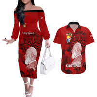 Personalized Tonga King Tupou I Day Couples Matching Off The Shoulder Long Sleeve Dress and Hawaiian Shirt Tropical Flowers With Ngatu Pattern LT05 Red - Polynesian Pride