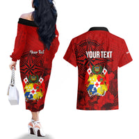 Personalized Tonga King Tupou I Day Couples Matching Off The Shoulder Long Sleeve Dress and Hawaiian Shirt Tropical Flowers With Ngatu Pattern LT05 - Polynesian Pride